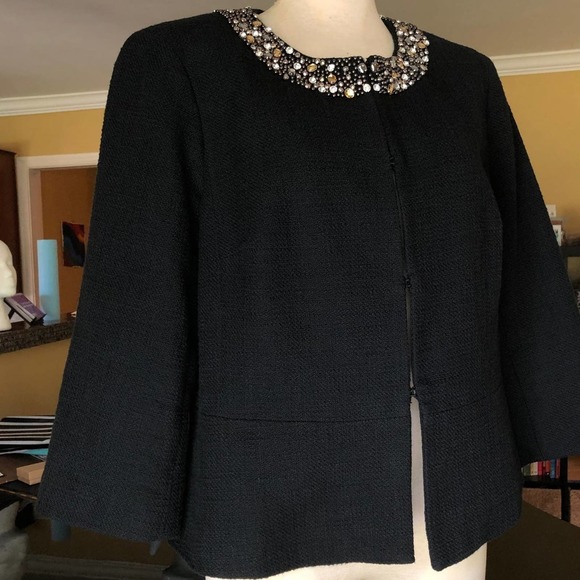Talbots Black Jeweled Rhinestone Collar Cotton Tweed Blazer Jacket 3/4 Sleeve 16 - Picture 3 of 12